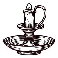 Vintage hand drawn candle with holder and handle in engraved sketch on white background vector
