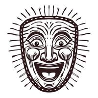 Hand drawn smiling theater mask with expressive joyful face and radiating lines, vintage sketch vector