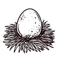 Hand drawn egg illustration resting in detailed bird nest with scattered speckled pattern isolated on white vector