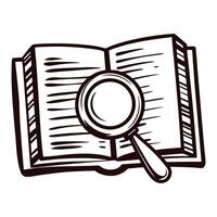 Open book with text lines and magnifying glass isolated on white background hand drawn black and white illustration vector