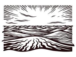 Scenic mountain landscape woodcut with dramatic sky and rolling fields vector