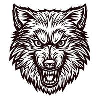 Fierce snarling wolf head mascot illustration in bold black outline on white background vector
