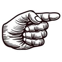 Engraved vintage hand pointing finger to right retro sketch illustration for direction, signage, or instructional design vector