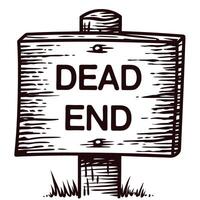 Wooden dead end signpost illustration with engraved text and grass rustic vintage warning marker isolated on white vector