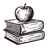 Hand drawn apple resting on stacked vintage books isolated on white background illustration vector
