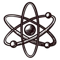 Hand drawn atomic model illustration with orbiting electrons and nucleus in vintage sketch vector
