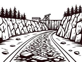 Scenic view of remote mountain road with rocky shores and pine trees vector