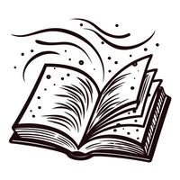 Illustration of an open magical book with swirling lines and sparkles in black and white vector