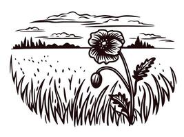 Black and white floral of a meadow landscape with lone flower and cloudy sky vector