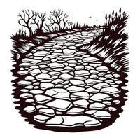 Vintage engraved illustration of a winding cobblestone path surrounded by tall grass and barren trees vector