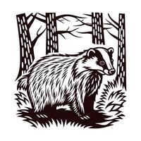 Detailed of a badger in a forest setting with trees and vegetation vector