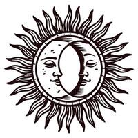 Vintage engraved sun and moon face illustration with ornate rays and celestial motif on white background vector