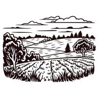 Scenic countryside landscape with rolling hills, trees, and clouds in a rustic woodcut vector