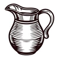 Hand drawn vintage ceramic pitcher with handle in engraved sketch isolated on white background vector