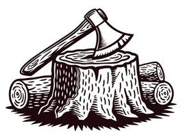 Rustic graphic of axe and tree stump symbolizing lumberjack tools and forestry work vector