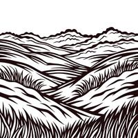 Expansive mountainous terrain with flowing river and rolling hills at sunset vector