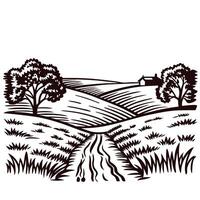 Rustic countryside landscape with rolling fields, winding dirt road, farmhouse, and trees in sketch engraving vector