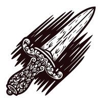 Ornate engraved dagger with decorative handle and blade in vintage etching illustration vector