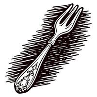 Ornate vintage fork illustration with decorative handle and engraved details on dark sketched background vector
