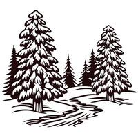 Snowy pine trees in winter forest with winding path vector