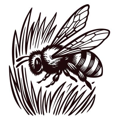 Detailed of a bee on grass blades featuring intricate wing patterns and body texture