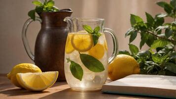 A pitcher of lemonade with ice cubes photo