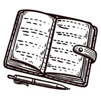 Vintage engraved illustration of an open leather notebook with clasp beside a ballpoint pen on white background vector