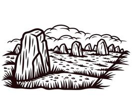 Ancient stone circle under cloudy sky in open meadow landscape vector