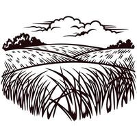 Monochrome countryside landscape with fields, clouds, and trees in a serene setting vector