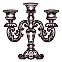 Ornate vintage candelabrum illustration with three candle holders and intricate decorative scrollwork vector
