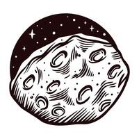 Engraved vintage illustration of asteroid with craters in space and surrounding stars in black and white vector