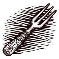 Vintage engraved illustration of ornate metal meat fork with decorative handle vector