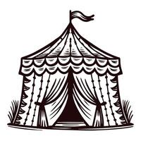 Vintage hand drawn circus tent with open curtains and flag on top isolated on white background vector