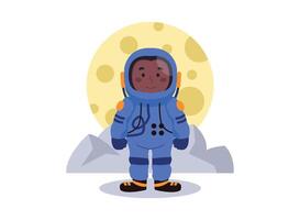 Dark-skinned male astronaut in spacesuit. Against the backdrop of a large moon and mountain. vector
