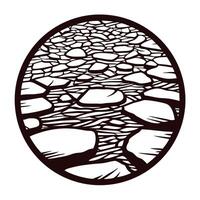 Circular abstract illustration of stone pathway with irregular shapes and textured ground lines vector