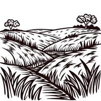 Idyllic field landscape with rolling hills and trees in black and white sketch design vector