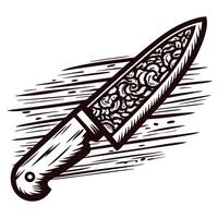 Engraved chef knife with ornate patterned blade and wooden handle in dynamic hand drawn illustration vector