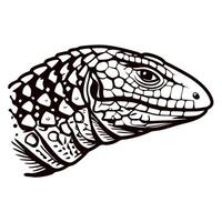 Detailed black and white illustration of lizard head with textured scales and reptile features on white background vector
