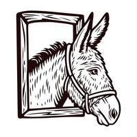 Engraved illustration of donkey head with bridle looking through window in vintage sketch vector
