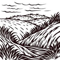 Rolling hills with wind swept grass under a cloudy sky in black and white artwork vector