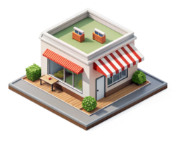 A small store with a red awning and a table png
