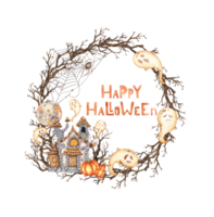 Castle old stone, with thatched roof, moon, pumpkins, ghost and dry branches watercolor illustration. Hand drawn for Halloween with space for text. Isolated from background. Frame, wreath, template. png