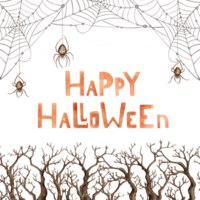 Tree without leaves, with dry bare branches and web with spiders watercolor illustration. Gothic decoration for Halloween isolated from background. For seasonal design frame, border, framing png