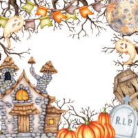 Castle with thatched roof, moon, ghost, dry branches and pumpkins watercolor illustration. Hand drawn for Halloween with space for text. Isolated from background. Frame, template, framing, outline. png