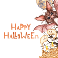 Bat, dry branches, moon, ghosts and candles watercolor illustration. Hand drawn for Halloween with space for text. Isolated from background. Frame, template, framing, outline. png