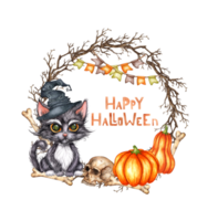 Kitten in witch hat, skull, bones, pumpkins and dry branches watercolor illustration. Hand drawn for Halloween with space for text. Isolated from background. Frame, wreath, template. png