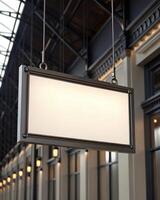 A white sign hanging from a ceiling in a building photo