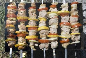 Raw shashlik on a skewer, horizontal background photo