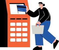 A flat style illustration showing a person doing atm transaction vector