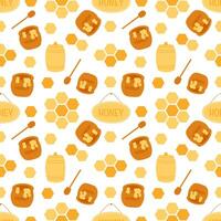 Seamless pattern with honey jars, dippers, honeycomb cells and beehive elements on white background. Flat hand drawn illustration vector